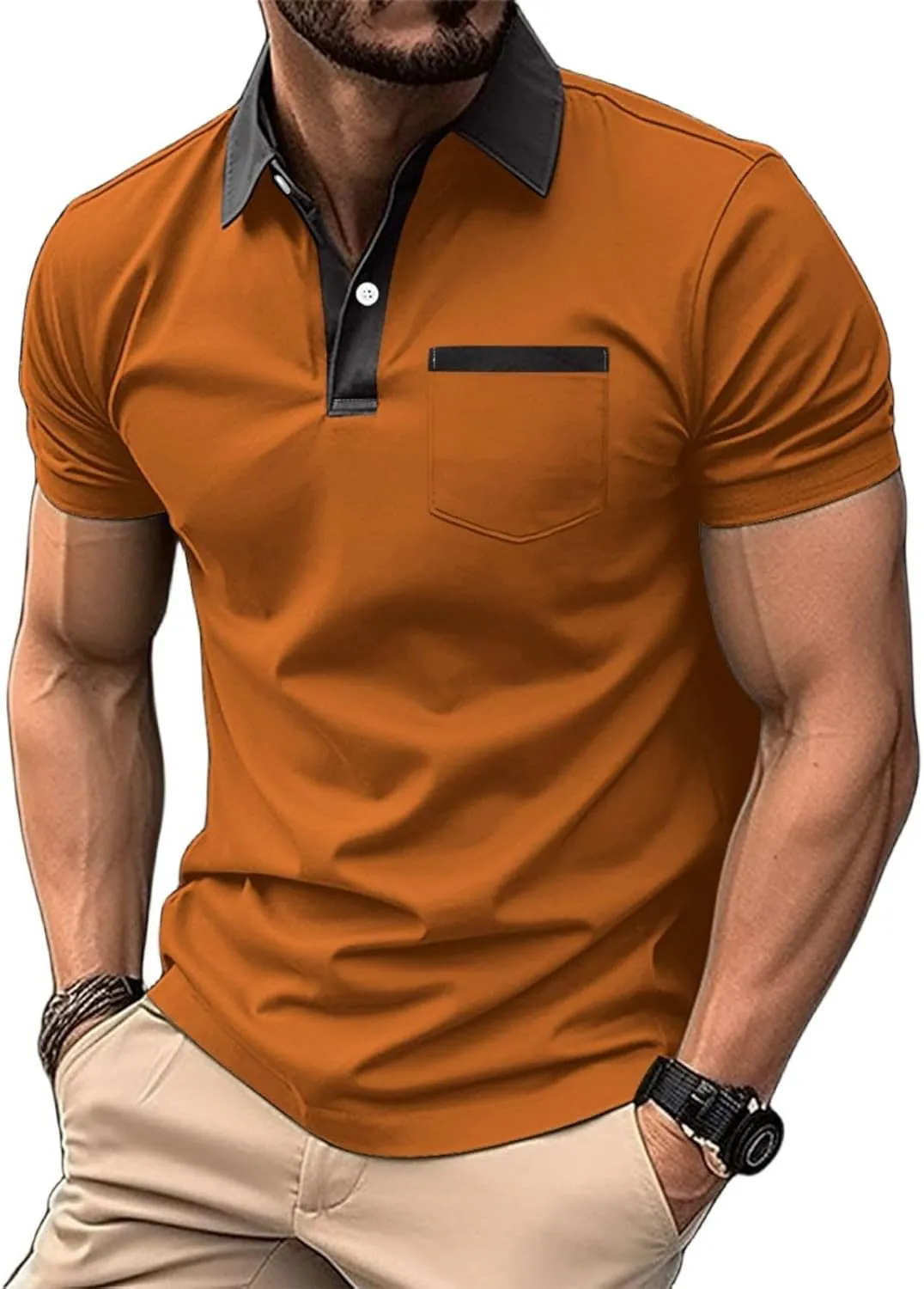 Mens Color Block Slim Fit Polo Shirts, Casual Fashion Tee, Classic Short Golf Shirts, Button Cotton Tops Pocket