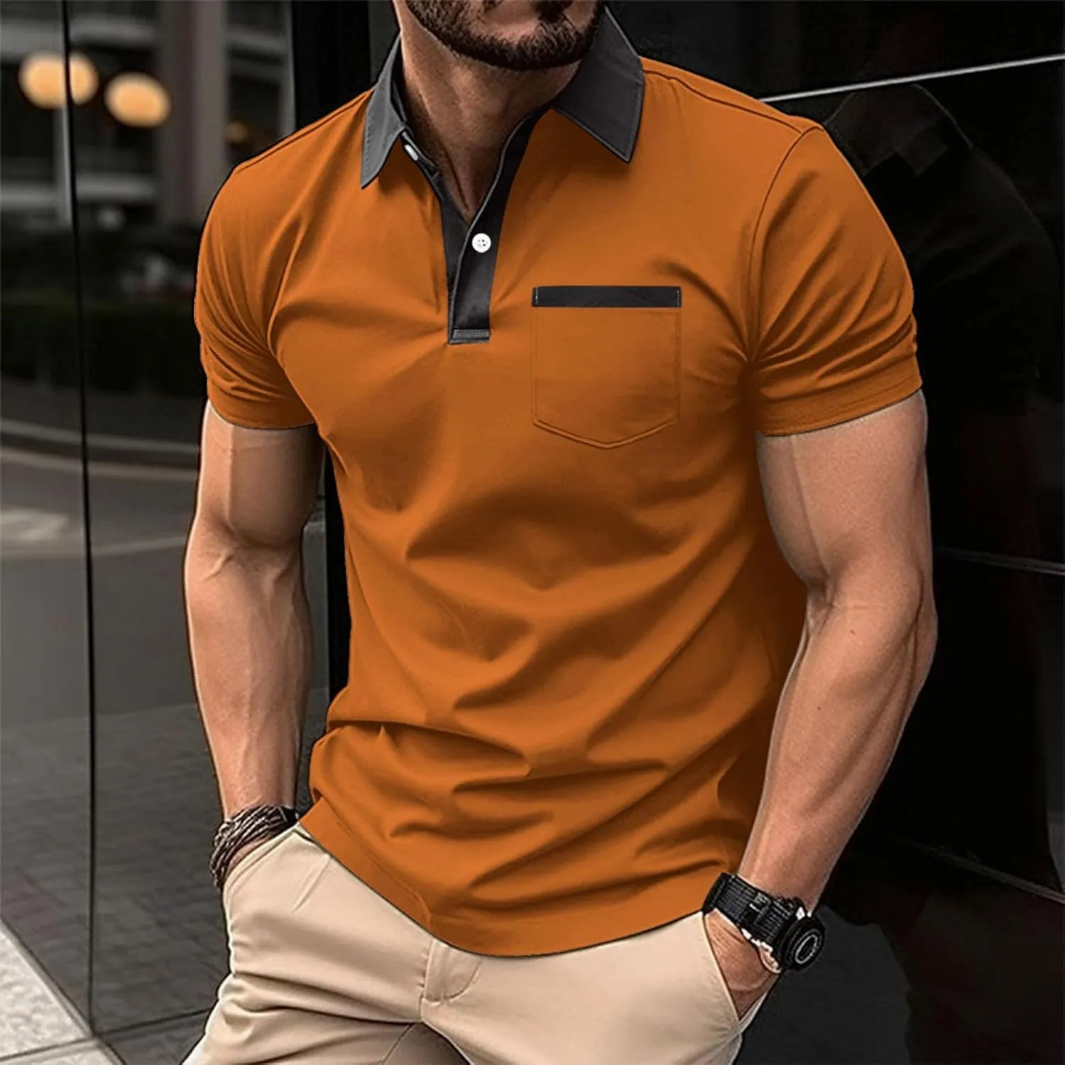 Mens Color Block Slim Fit Polo Shirts, Casual Fashion Tee, Classic Short Golf Shirts, Button Cotton Tops Pocket