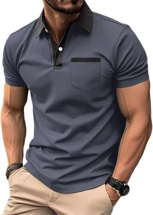 Mens Color Block Slim Fit Polo Shirts, Casual Fashion Tee, Classic Short Golf Shirts, Button Cotton Tops Pocket
