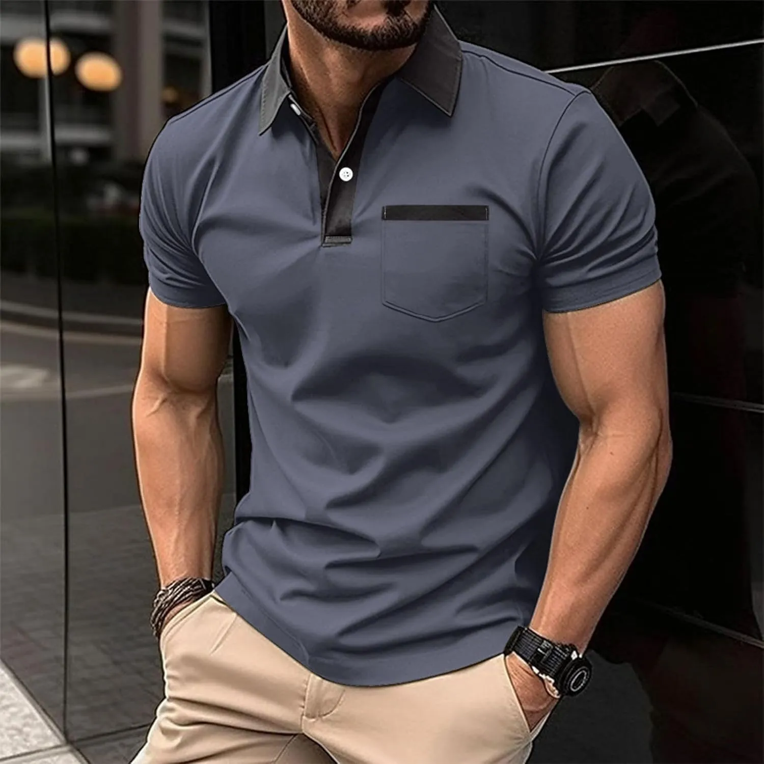 Mens Color Block Slim Fit Polo Shirts, Casual Fashion Tee, Classic Short Golf Shirts, Button Cotton Tops Pocket