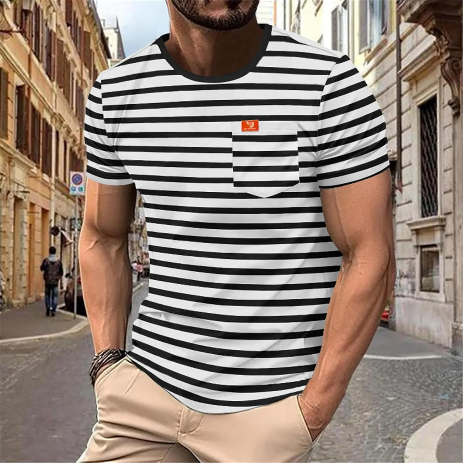 Men's Crew Neck Hipster T Shirt Color Block Stripe Tee Top Casual Stylish Fitted Print Tees Beach T Shirts for Men