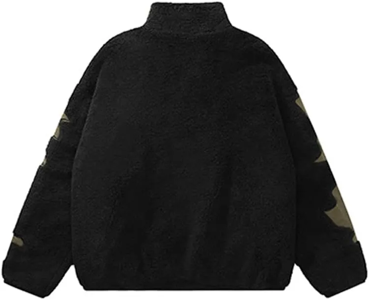 Mens Fuzzy Fleece Jackets Unisex Graphic Faux Fur Coats Sherpa Jackets Casual Streetwear Warm Jackets Outerwear