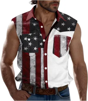 Men's Independence Day Tank Tops Summer Fashion American Flag Print Lapel Button Down Sleeveless Shirts