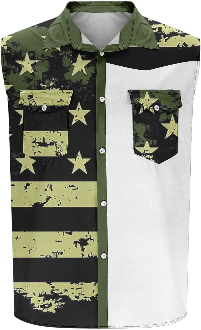 Men's Independence Day Tank Tops Summer Fashion American Flag Print Lapel Button Down Sleeveless Shirts