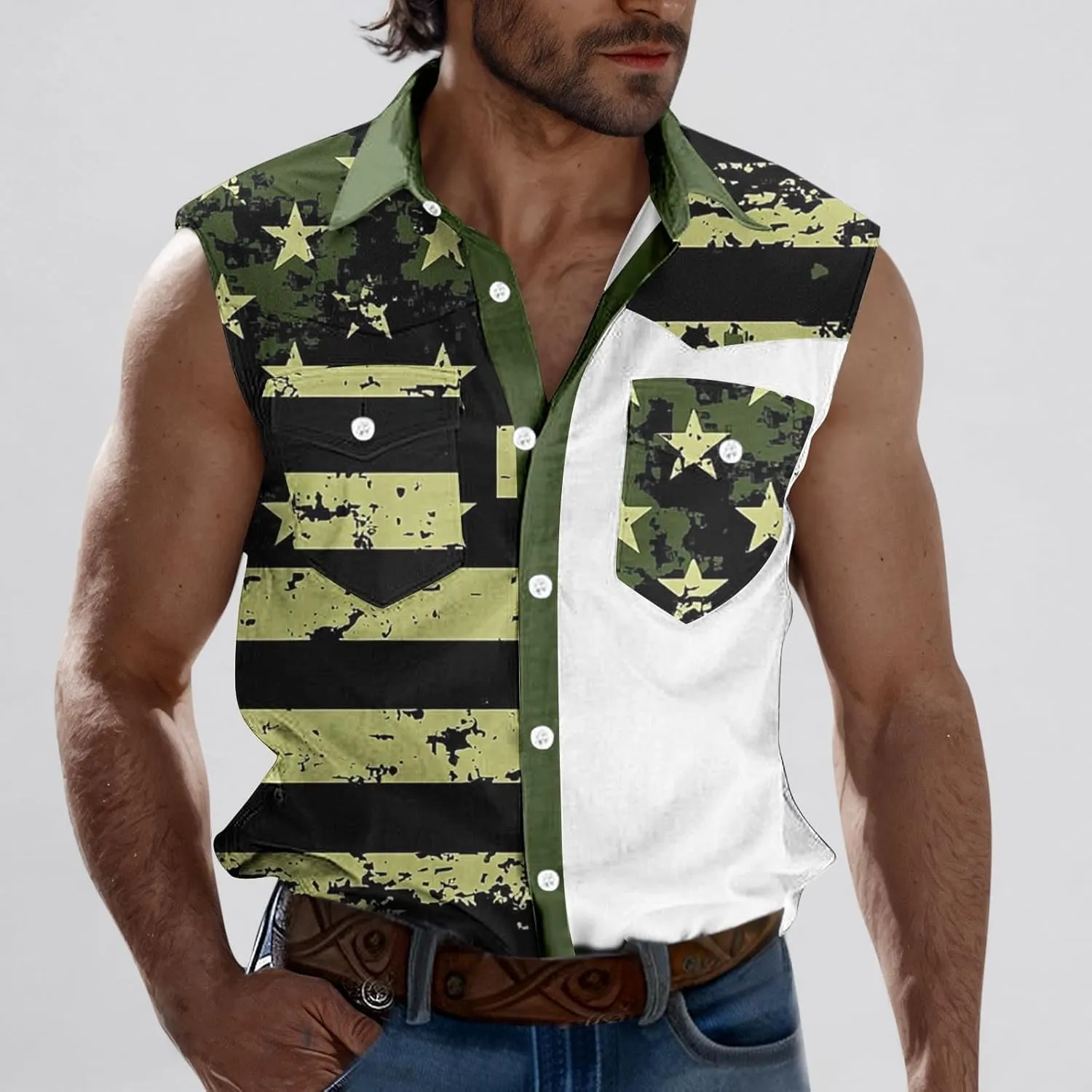 Men's Independence Day Tank Tops Summer Fashion American Flag Print Lapel Button Down Sleeveless Shirts