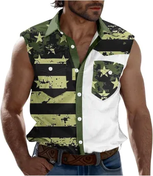 Men's Independence Day Tank Tops Summer Fashion American Flag Print Lapel Button Down Sleeveless Shirts