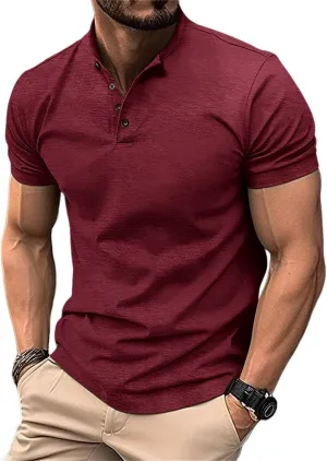 Mens Short Sleeve Button Down Casual Loose Henry Collar Polo Cotton Tee, V Neck Tees, Basic Henley Solid Shirts