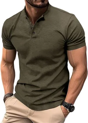 Mens Short Sleeve Button Down Casual Loose Henry Collar Polo Cotton Tee, V Neck Tees, Basic Henley Solid Shirts