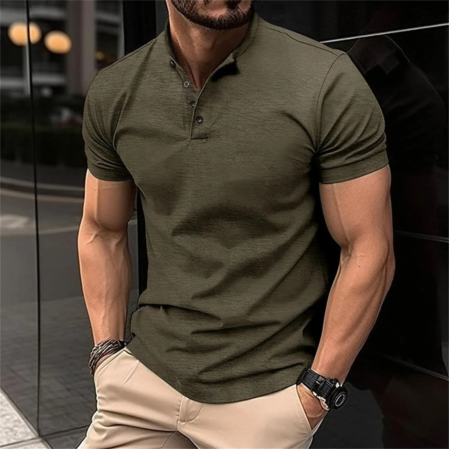 Mens Short Sleeve Button Down Casual Loose Henry Collar Polo Cotton Tee, V Neck Tees, Basic Henley Solid Shirts