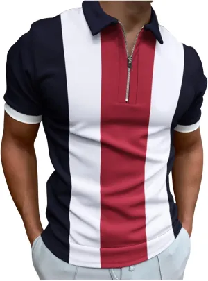Men's Short Sleeve Polo Shirts Color Block Slim Fit Moisture Wicking for Golf Casual Striped with Pocket