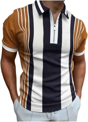 Men's Short Sleeve Polo Shirts Color Block Slim Fit Moisture Wicking for Golf Casual Striped with Pocket