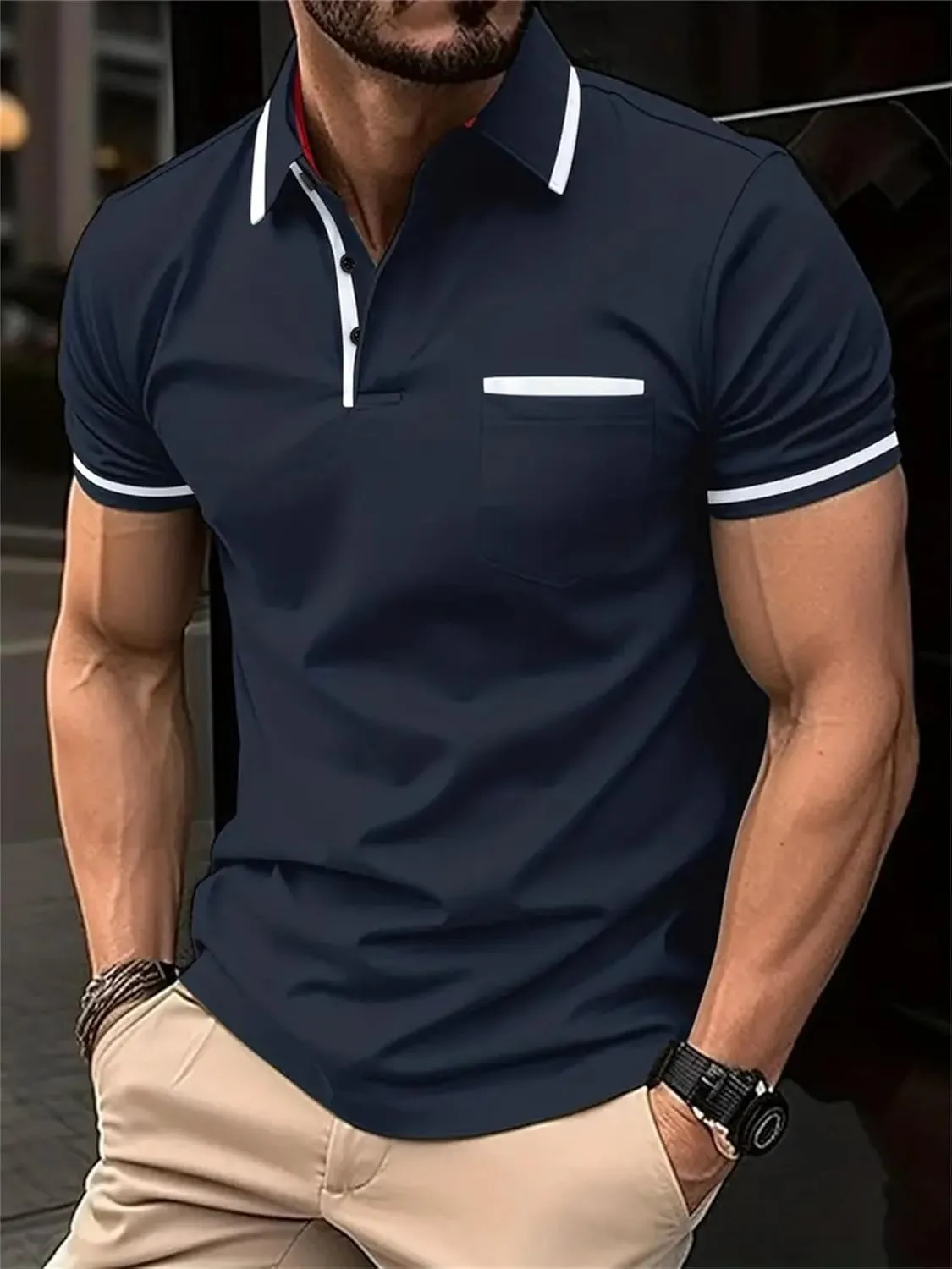Mens Slim Fit Casual Polo Shirts, Short Sleeve Color Block Golf Tennis Tops, Fashion Classic T Shirt with Pocket
