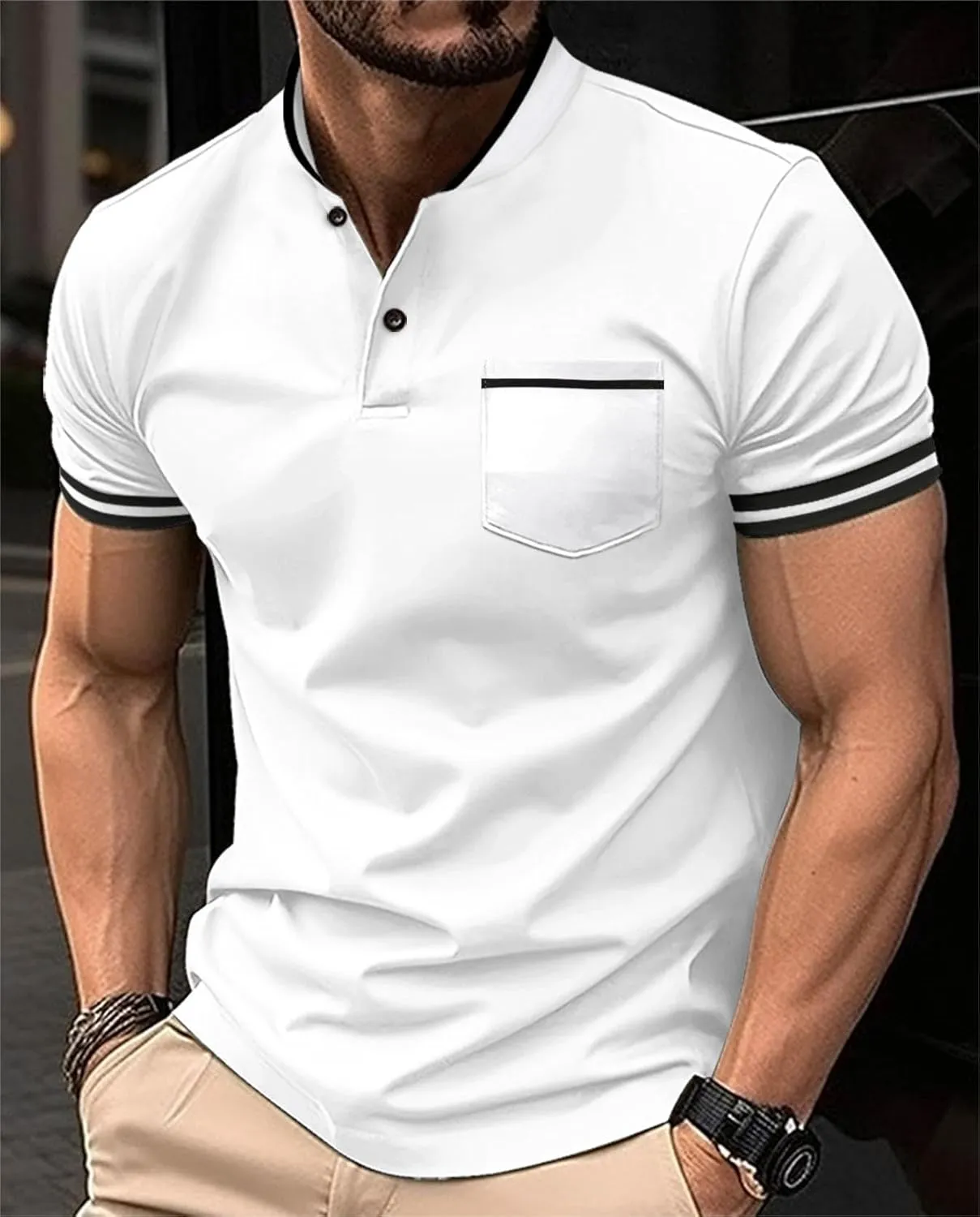 Mens Slim Fit Casual Polo Shirts, Short Sleeve Solid Striped Golf Tennis Tops, Fashion Classic T Shirt with Pocket