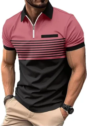 Mens Slim Fit Color Block Polo Shirts, Short Sleeve Casual Moisture Wicking Golf Tops with Pocket, Striped Tee