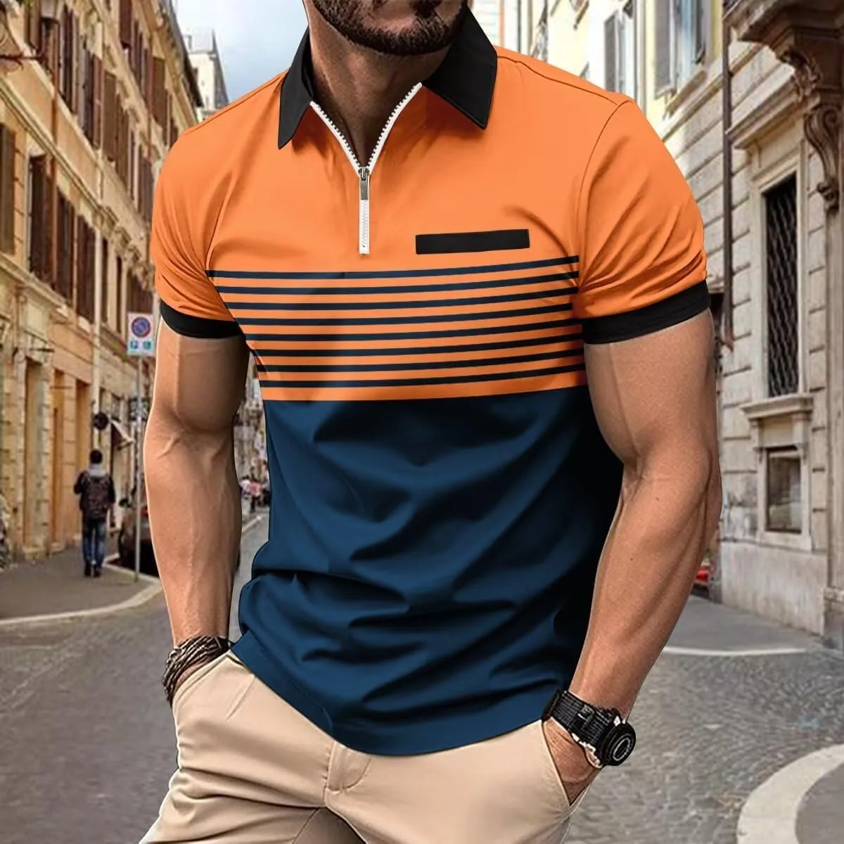 Mens Slim Fit Color Block Polo Shirts, Short Sleeve Casual Moisture Wicking Golf Tops with Pocket, Striped Tee
