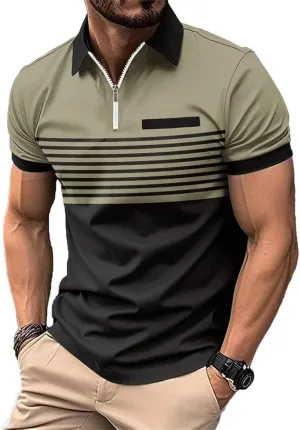 Mens Slim Fit Color Block Polo Shirts, Short Sleeve Casual Moisture Wicking Golf Tops with Pocket, Striped Tee