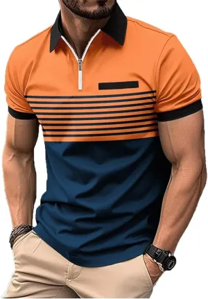 Mens Slim Fit Color Block Polo Shirts, Short Sleeve Casual Moisture Wicking Golf Tops with Pocket, Striped Tee