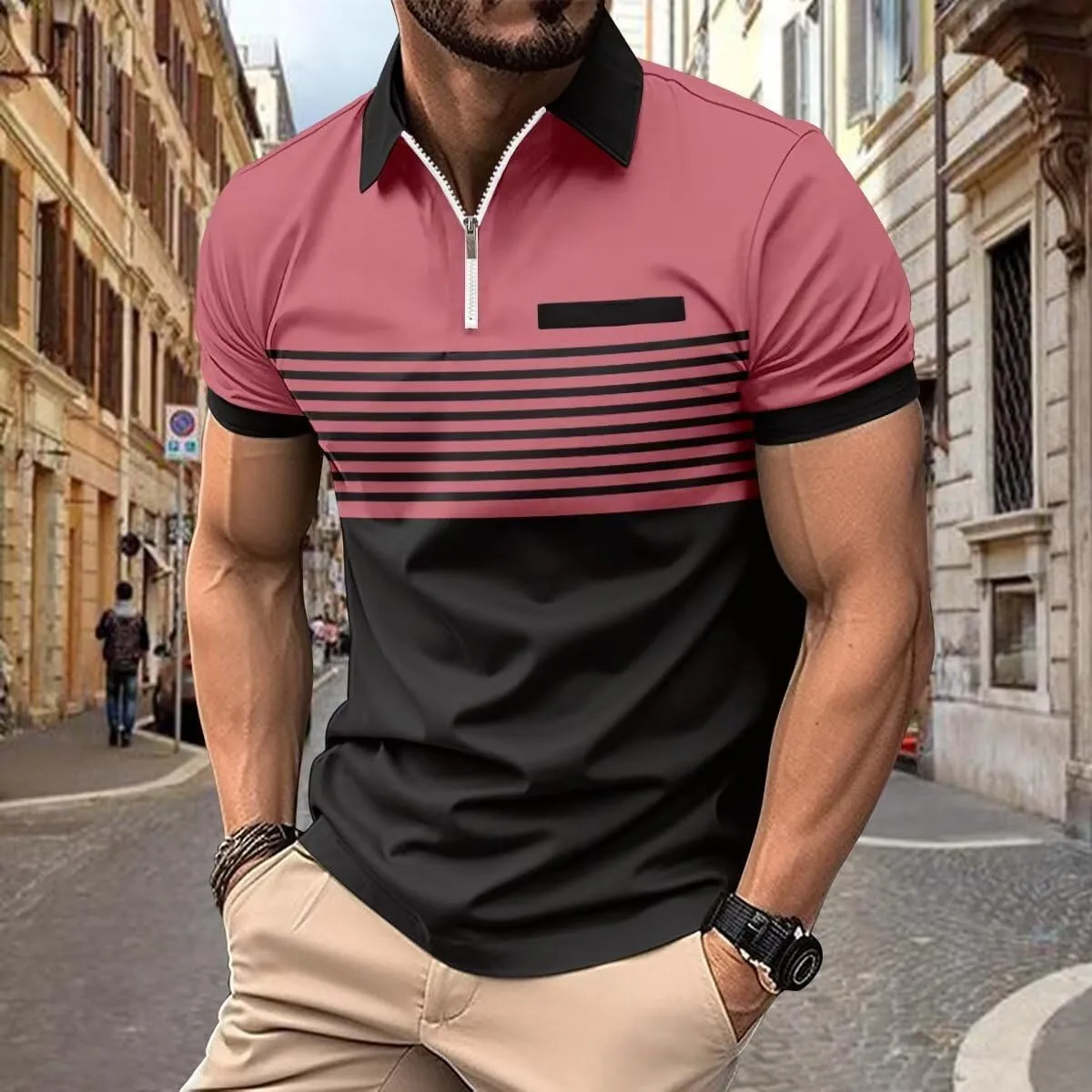 Mens Slim Fit Color Block Polo Shirts, Short Sleeve Casual Moisture Wicking Golf Tops with Pocket, Striped Tee