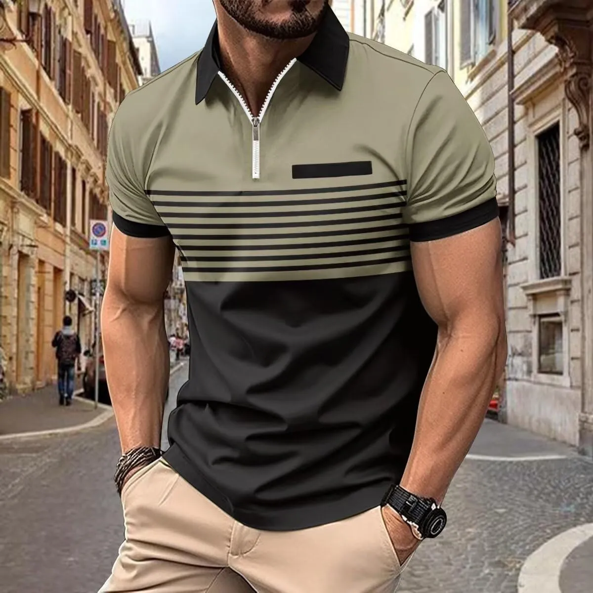 Mens Slim Fit Color Block Polo Shirts, Short Sleeve Casual Moisture Wicking Golf Tops with Pocket, Striped Tee
