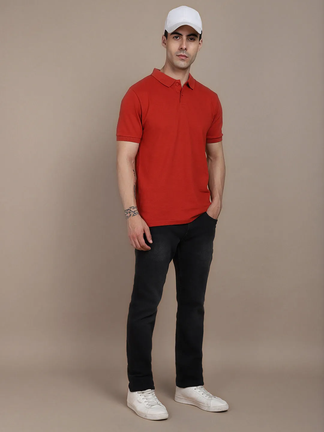 Men's Solid Red Polo Collar T-shirt