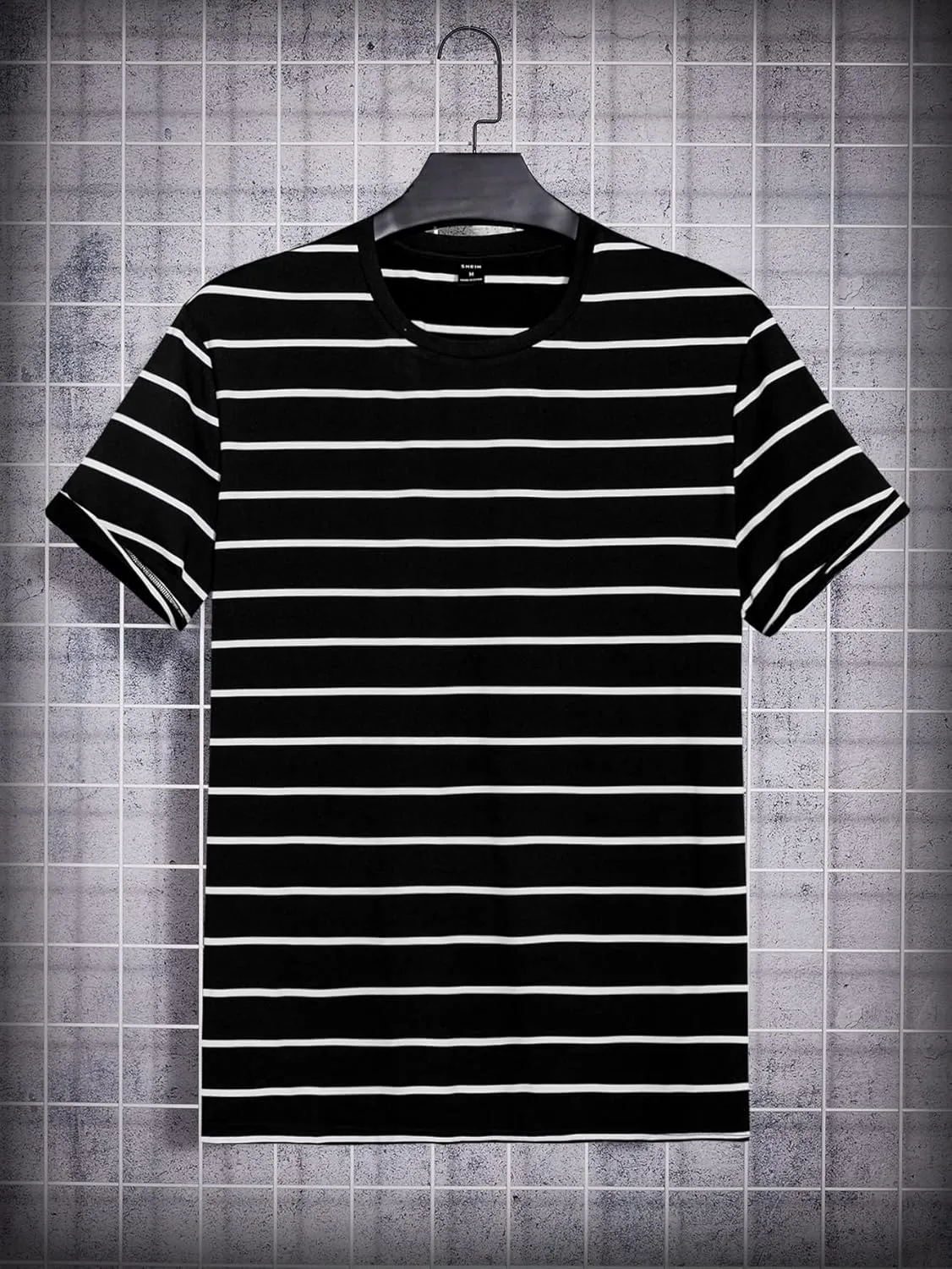 Men's T-Shirts Men Striped Print Tee T-Shirts for Men (Color : Black, Size : Medium)