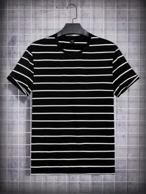 Men's T-Shirts Men Striped Print Tee T-Shirts for Men (Color : Black, Size : Medium)