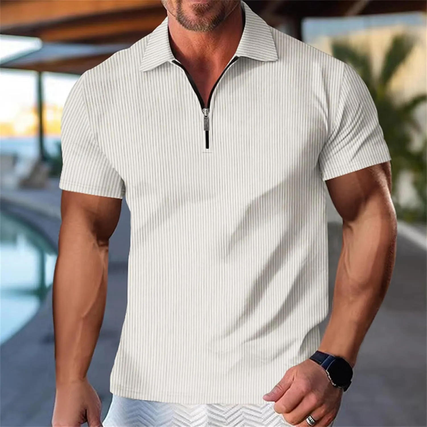 Mens Textured Polo Shirt, Short Sleeve, Slim Fit, Casual, Summer Golf, Collared, Button, Quarter Zip