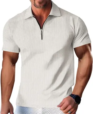 Mens Textured Polo Shirt, Short Sleeve, Slim Fit, Casual, Summer Golf, Collared, Button, Quarter Zip