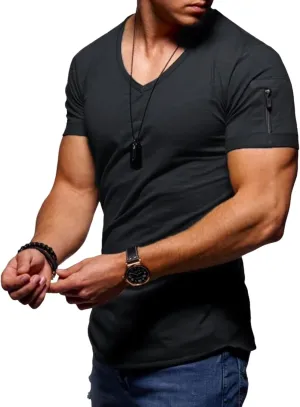 Men's V Neck Muscle T Shirts Short Sleeve for Workout Athletic Slim Fit Hipster Longline Zipper Henley Gym Tops
