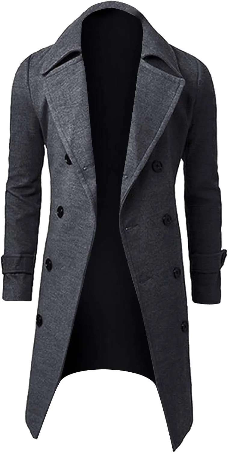 Men's Wool Blend Coat Notched Lapel Collar Single Double Breasted Trench Overcoat Warm Winter Pea Coat