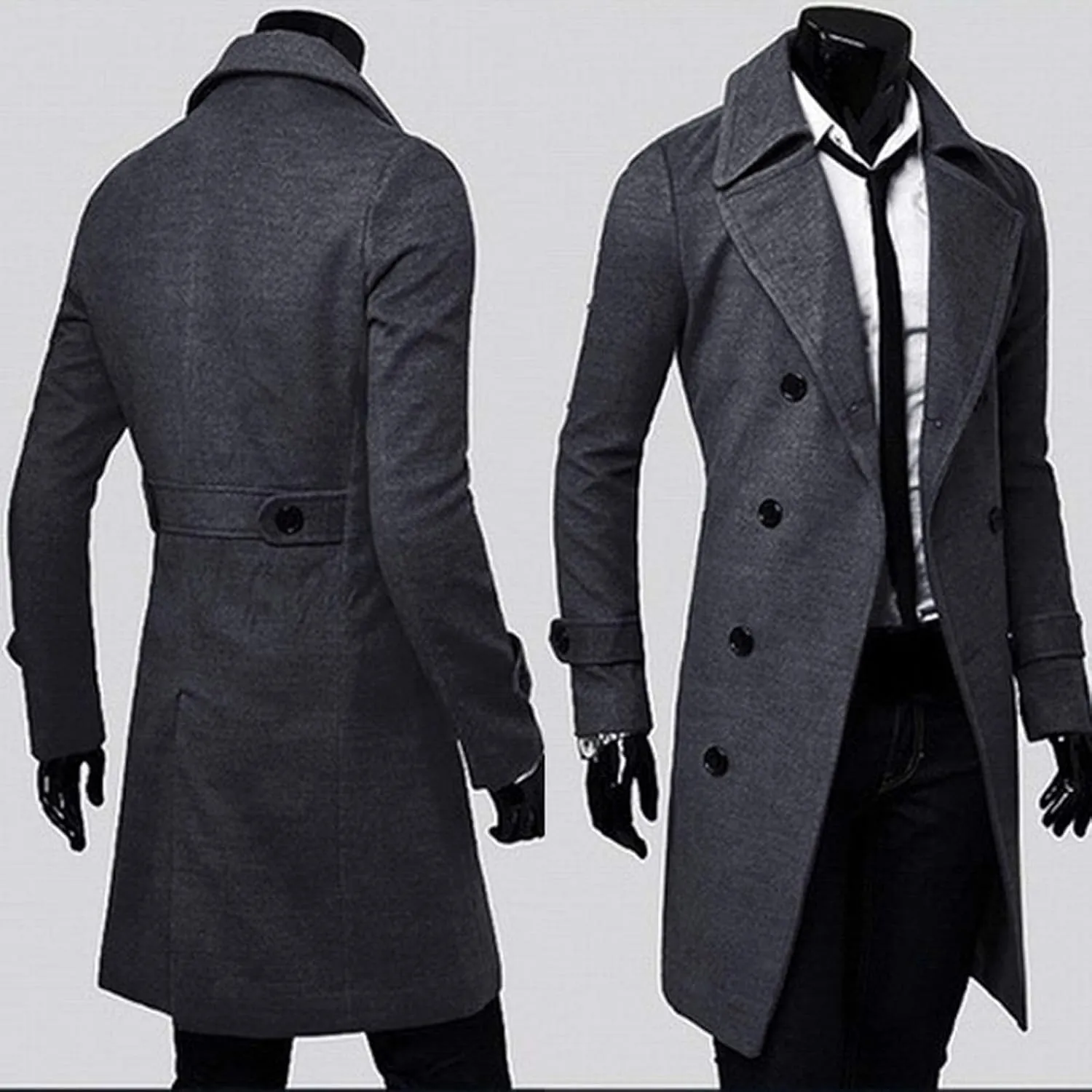 Men's Wool Blend Coat Notched Lapel Collar Single Double Breasted Trench Overcoat Warm Winter Pea Coat