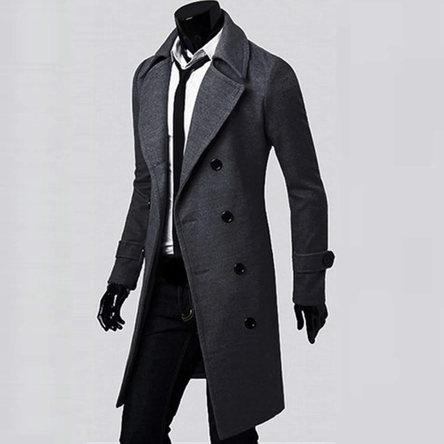Men's Wool Blend Coat Notched Lapel Collar Single Double Breasted Trench Overcoat Warm Winter Pea Coat