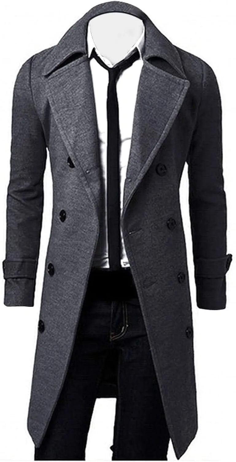 Men's Wool Blend Coat Notched Lapel Collar Single Double Breasted Trench Overcoat Warm Winter Pea Coat