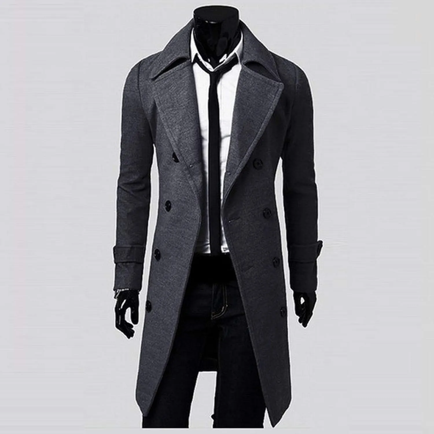 Men's Wool Blend Coat Notched Lapel Collar Single Double Breasted Trench Overcoat Warm Winter Pea Coat