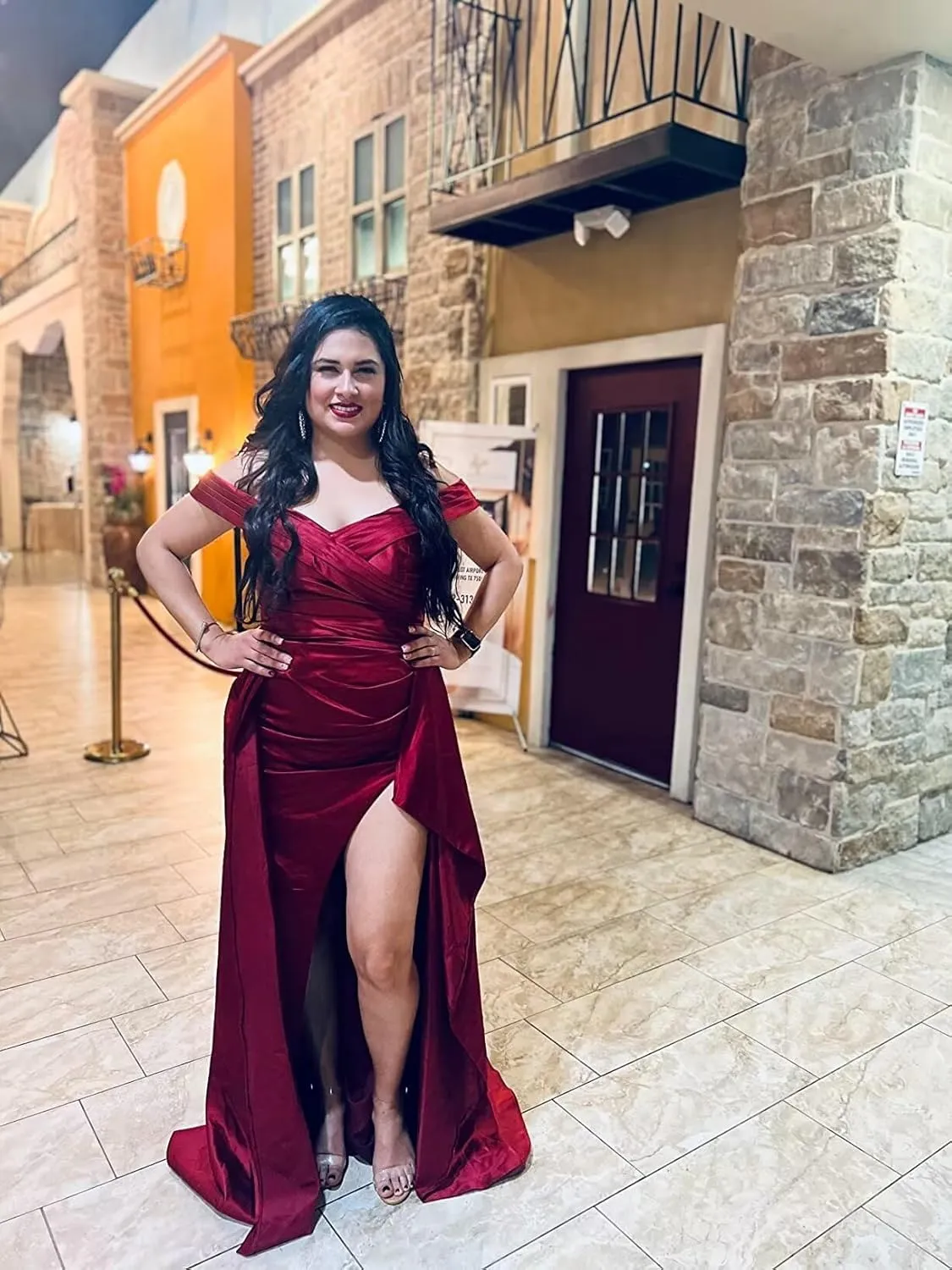 Mermaid Prom Dresses Long Ball Gown with Slit Off Shoulder Satin V-Neck Evening Formal Gown with Train DR0045