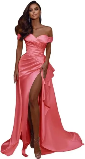 Mermaid Prom Dresses Long Ball Gown with Slit Off Shoulder Satin V-Neck Evening Formal Gown with Train DR0045
