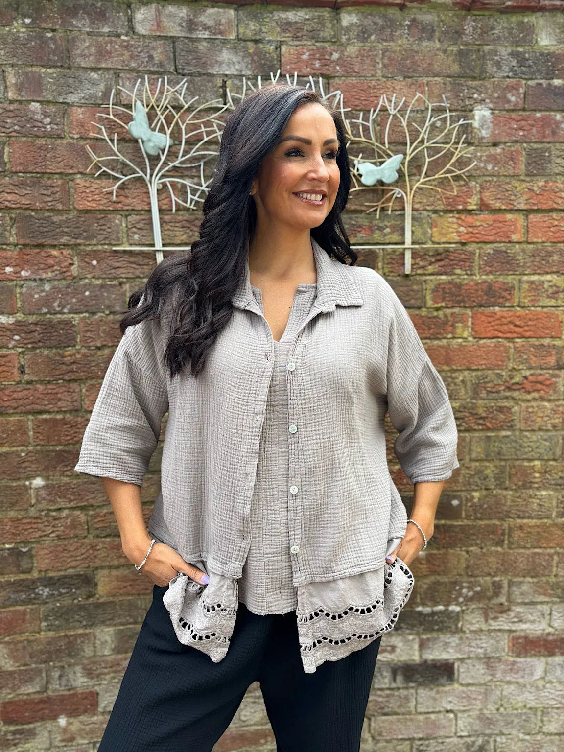 Mocha Embroidered Bubble Cotton Blouse Tess