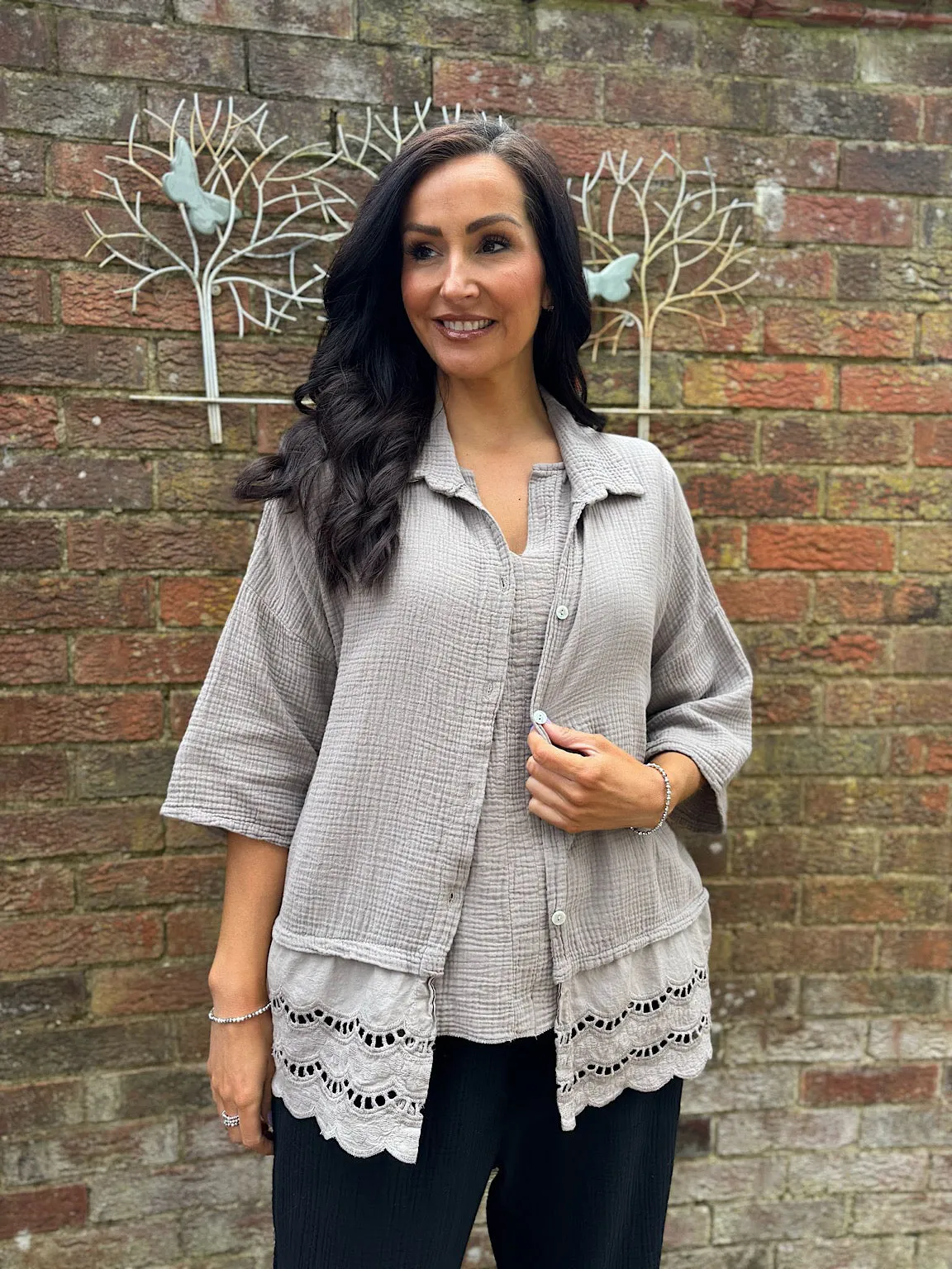 Mocha Embroidered Bubble Cotton Blouse Tess