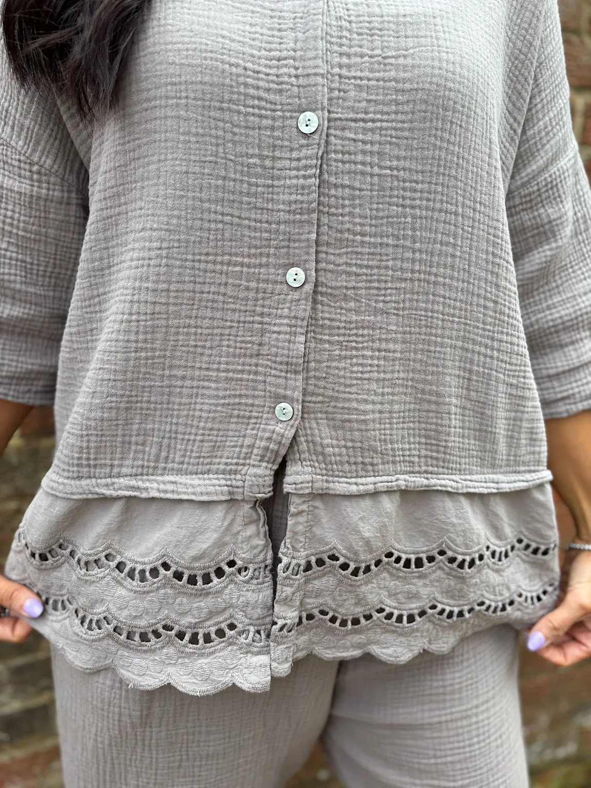 Mocha Embroidered Bubble Cotton Blouse Tess