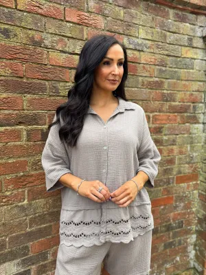 Mocha Embroidered Bubble Cotton Blouse Tess