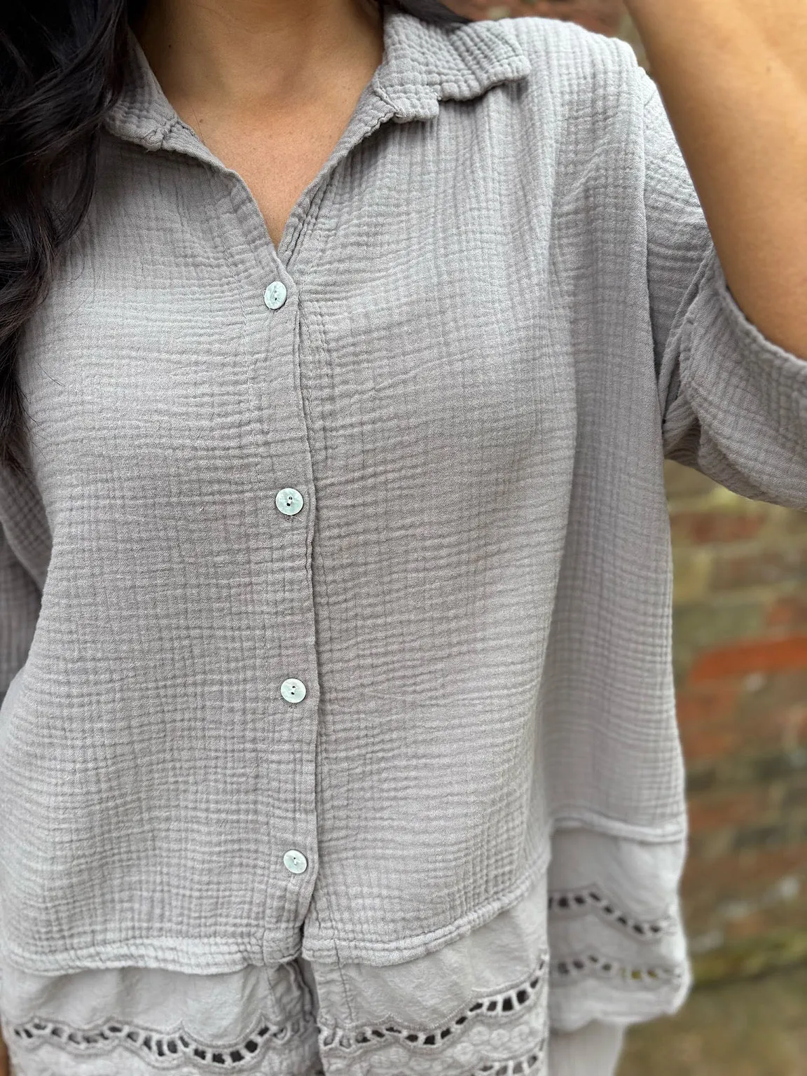 Mocha Embroidered Bubble Cotton Blouse Tess
