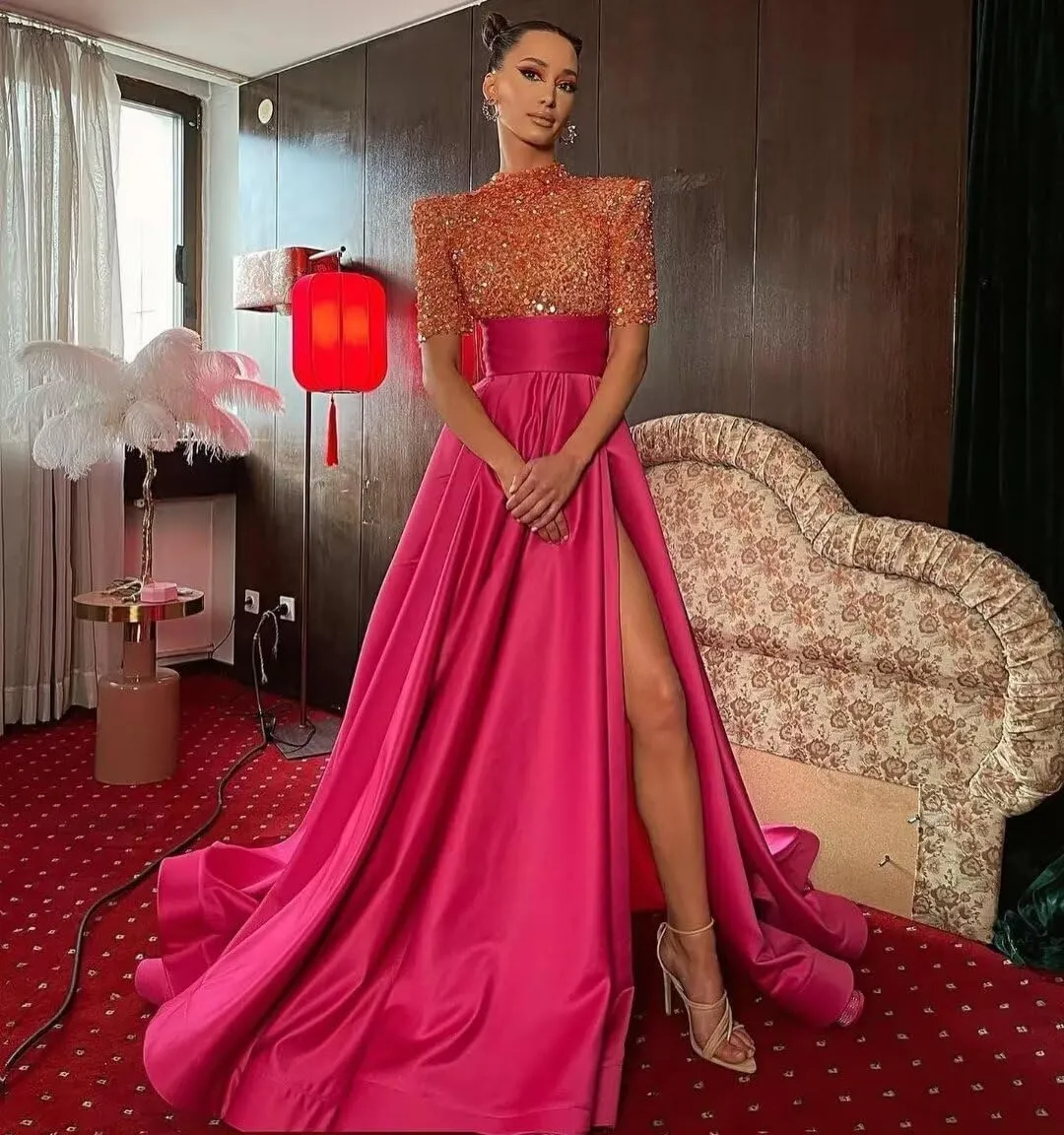 Mock Turtle Neck Prom Dresses Half Sleeve Formal Gowns Sequins Satin Evening Dress A-Line Ball Gown Slit JS0005
