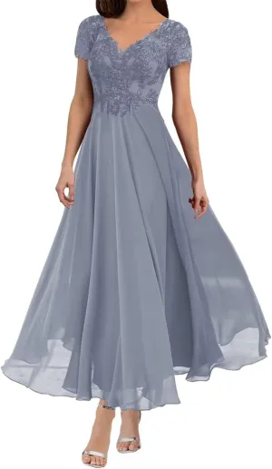 Mother of The Bride Dresses Lace Appliques Formal Evening Party Prom Gown Chiffon Short Sleeve A-Line DR0201R