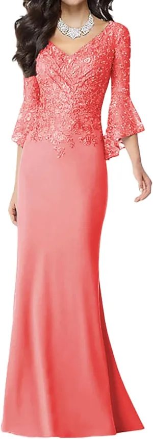 Mother of The Bride Dresses Long Mermaid Lace Formal Evening Dresses Long Sleeve for Wedding Chiffon V Neck