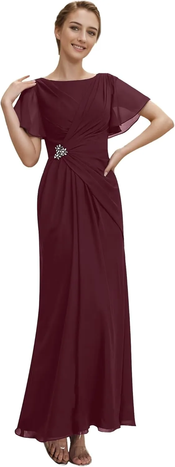 Mother of The Bride Dresses Petite Chiffon Long Boat Neck Formal Party Gowns Ruched Wedding Party Dress