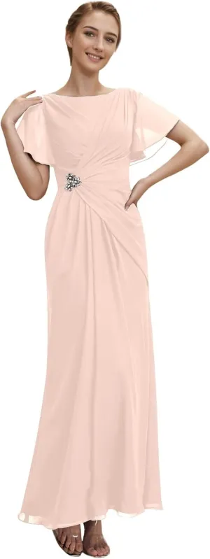 Mother of The Bride Dresses Petite Chiffon Long Boat Neck Formal Party Gowns Ruched Wedding Party Dress