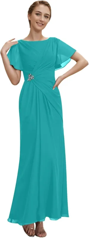 Mother of The Bride Dresses Petite Chiffon Long Boat Neck Formal Party Gowns Ruched Wedding Party Dress