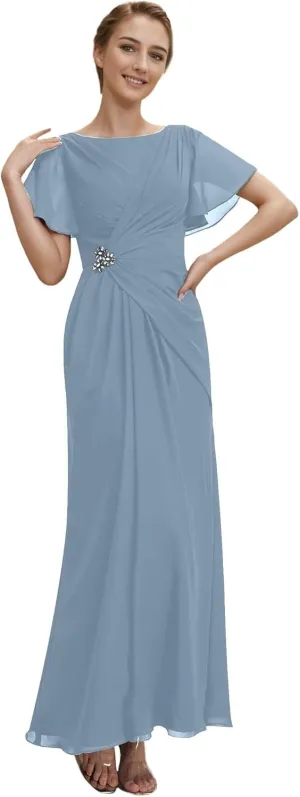 Mother of The Bride Dresses Petite Chiffon Long Boat Neck Formal Party Gowns Ruched Wedding Party Dress