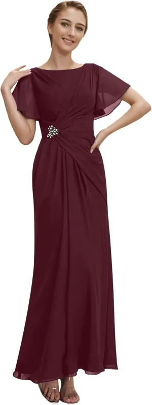 Mother of The Bride Dresses Petite Chiffon Long Boat Neck Formal Party Gowns Ruched Wedding Party Dress