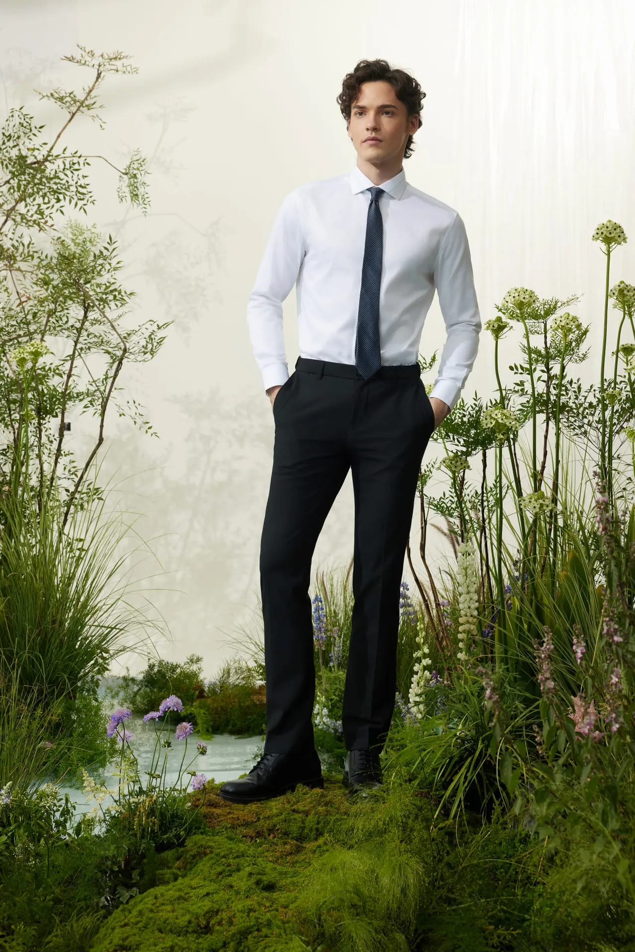 Multi-Way Stretch Smart Fit Plain Weave Suit Pants with Elastic Waist Band